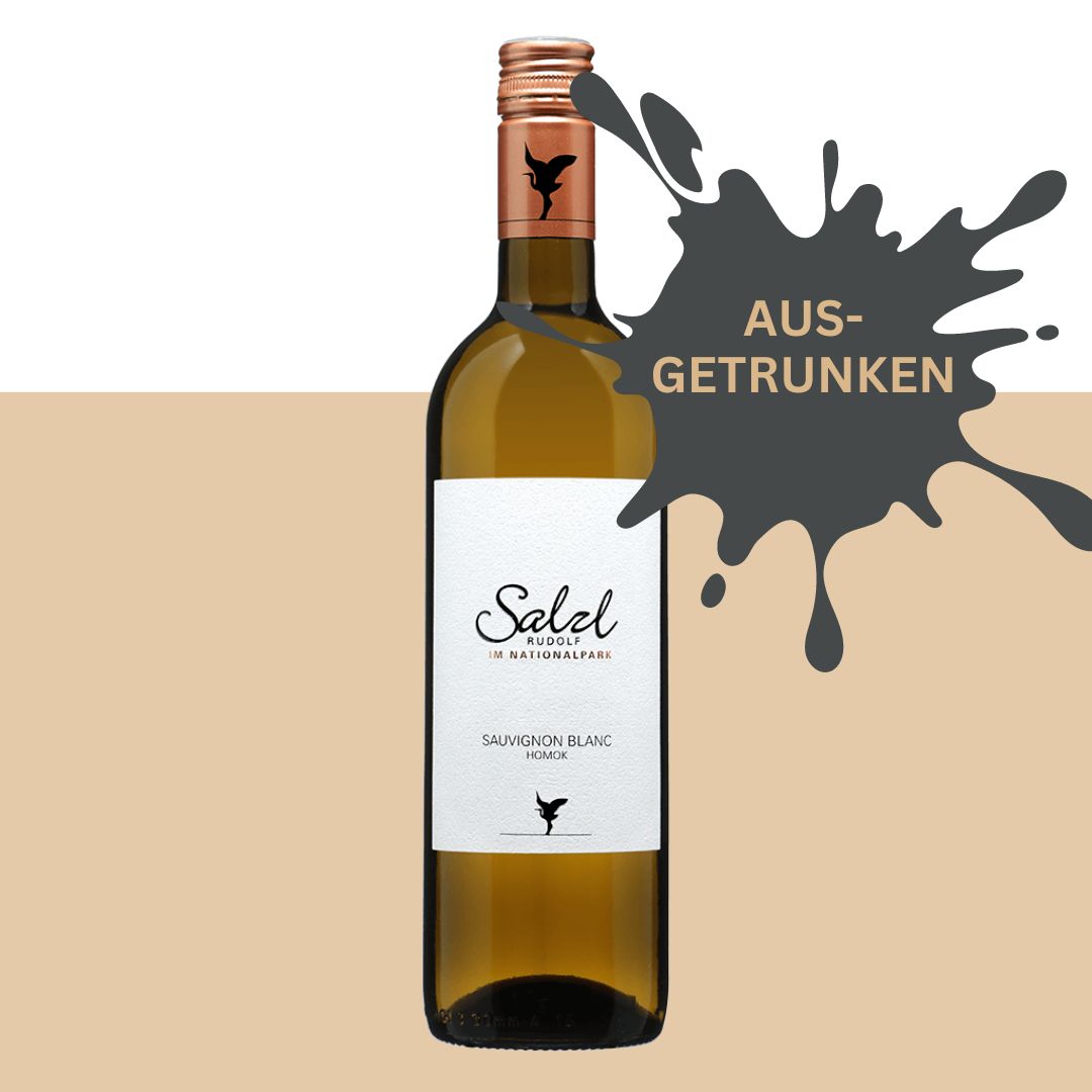 Flasche Sauvignon Blanc vom Weingut Salzl mit "ausgetrunken" Markierung